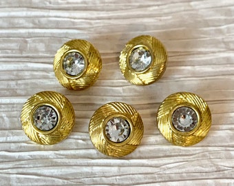 Vintage Gold Shank Buttons with Clear Gemstone, Unique Brushed Gold Design, 19mm Loop Shank Button, 9mm Gemstone, Set of Five