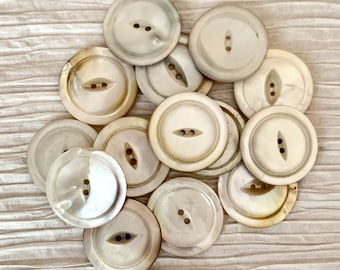 Vintage White Pearl Buttons, Mother of Pearl Two-Hole Buttons, 27 mm wide, 14 total buttons