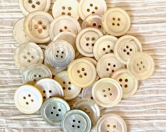 Vintage White Pearl Buttons, Mother of Pearl Four-Hole Buttons, Mixed Variety, 2.1cm - 2.3cm, 31 total buttons