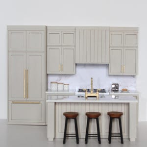 Modern Miniature Beige Kitchen Set for 1:12 scale dollhouse featuring an island with gold hardware and three bar stools
