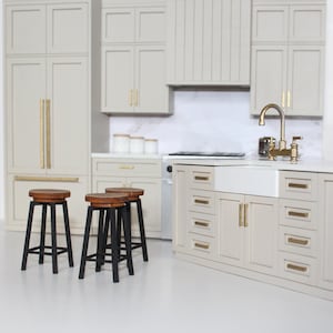 Modern Miniature Beige Kitchen Set for 1:12 scale dollhouse featuring an island with gold hardware and three bar stools