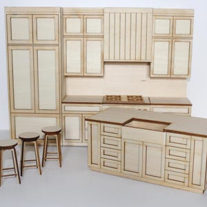 Modern Miniature Kitchen Set for 1:12 scale dollhouse featuring an island and three bar stools, made from unfinished laser cut basswood