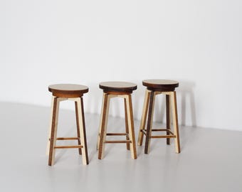 Dollhouse Bar Stools - Single or Set of 3 - Assembled, Unpainted | Miniature Wood Bar Stools for 1:12 Scale Dollhouse Kitchen
