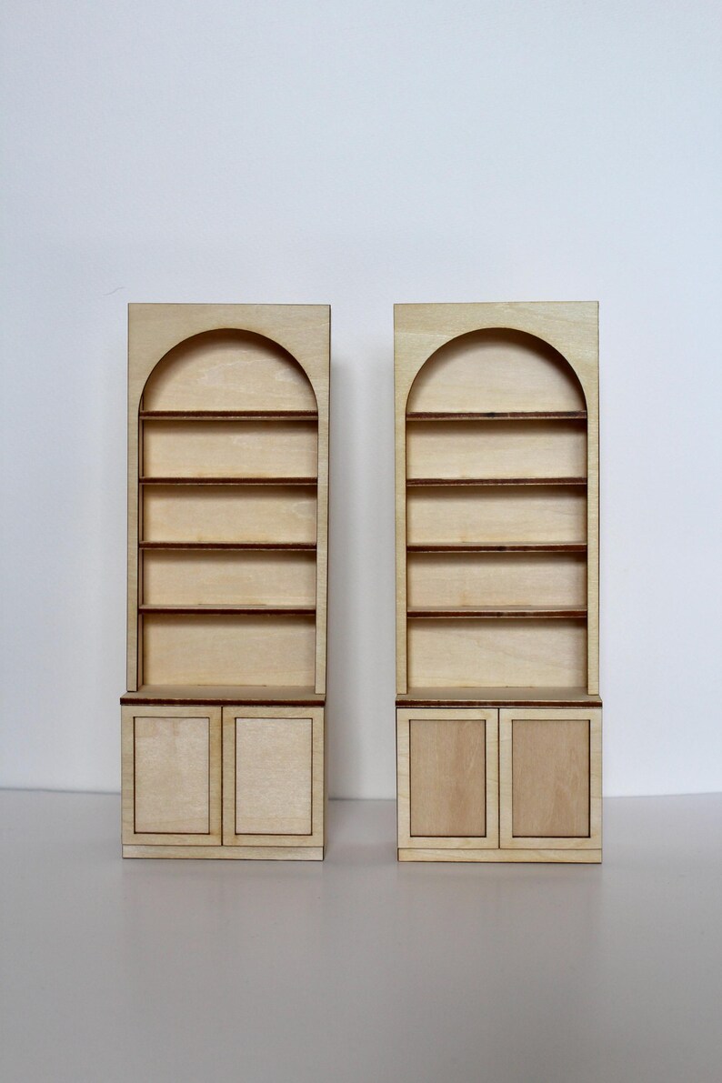 Two miniature arched bookcases for 1:12 scale dollhouse