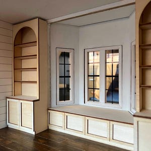 Two arched wooden bookshelves for modern dollhouse