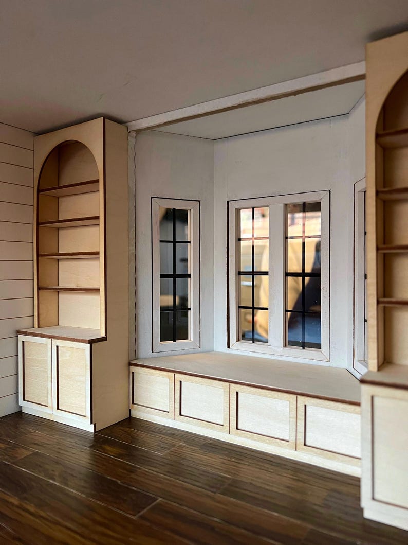 Two arched wooden bookshelves for modern dollhouse