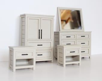 Dollhouse Bedroom Set Bundle | Miniature Dressers + Nightstands for 1:12 Dollhouse - Non-Functional | Fully Assembled, 3 or 5 piece set