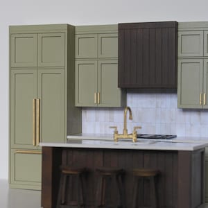 Modern Miniature Sage Green Kitchen Set for 1:12 scale dollhouse featuring an island with gold hardware and three bar stools
