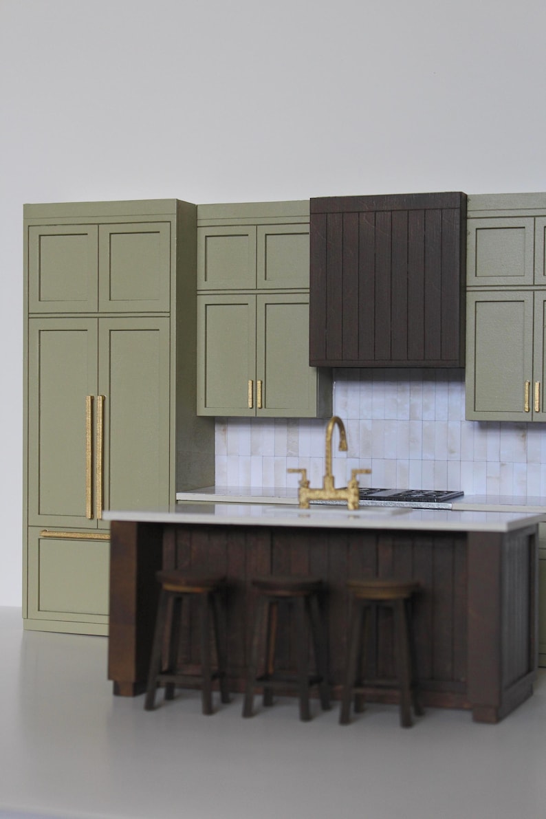 Modern Miniature Sage Green Kitchen Set for 1:12 scale dollhouse featuring an island with gold hardware and three bar stools