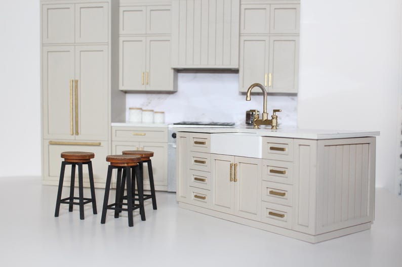 Modern Miniature Beige Kitchen Set for 1:12 scale dollhouse featuring an island with gold hardware and three bar stools