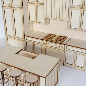 Modern Miniature Kitchen Set for 1:12 scale dollhouse featuring an island and three bar stools, made from unfinished laser cut basswood