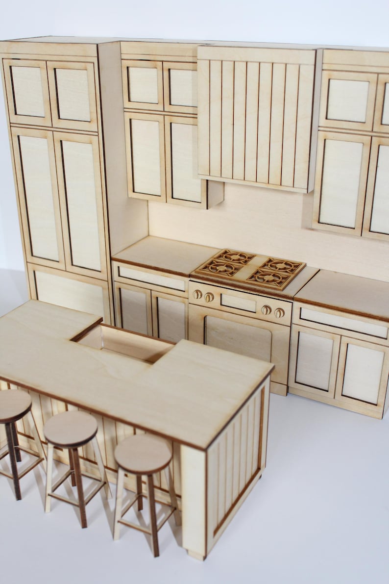 Modern Miniature Kitchen Set for 1:12 scale dollhouse featuring an island and three bar stools, made from unfinished laser cut basswood