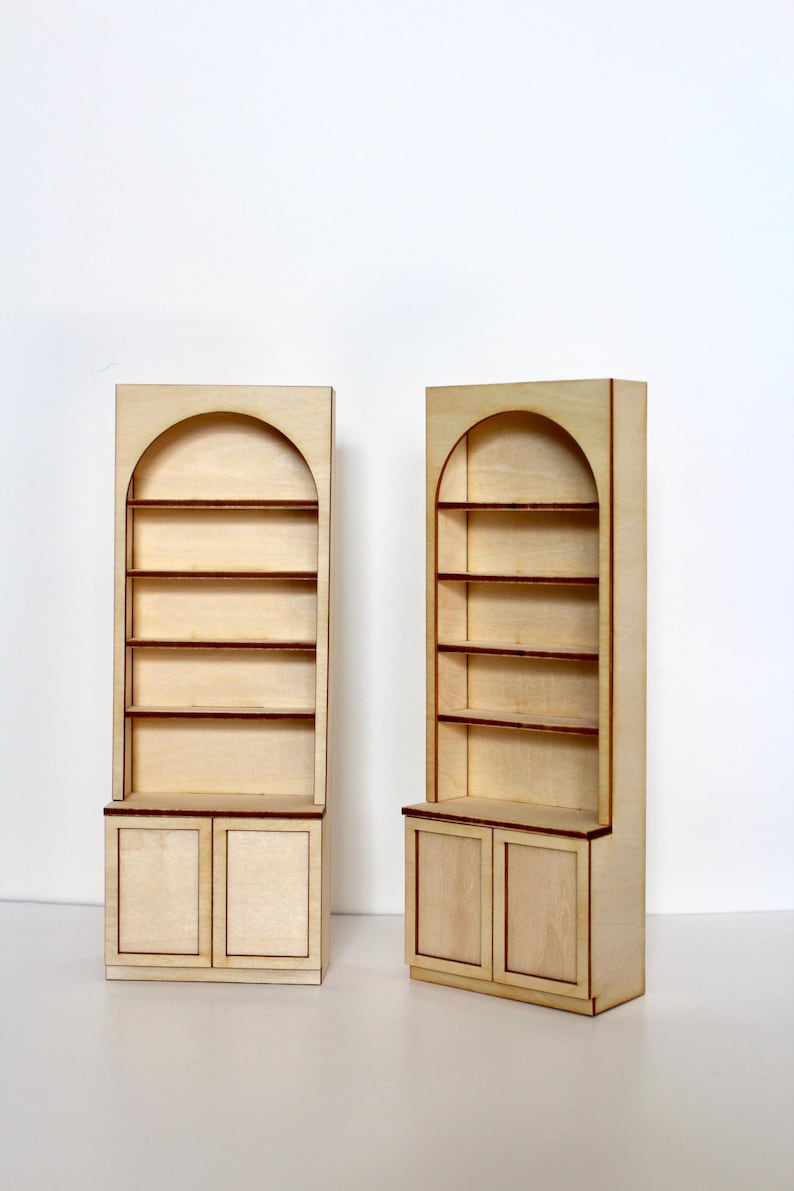 Two miniature arched bookcases for 1:12 scale dollhouse