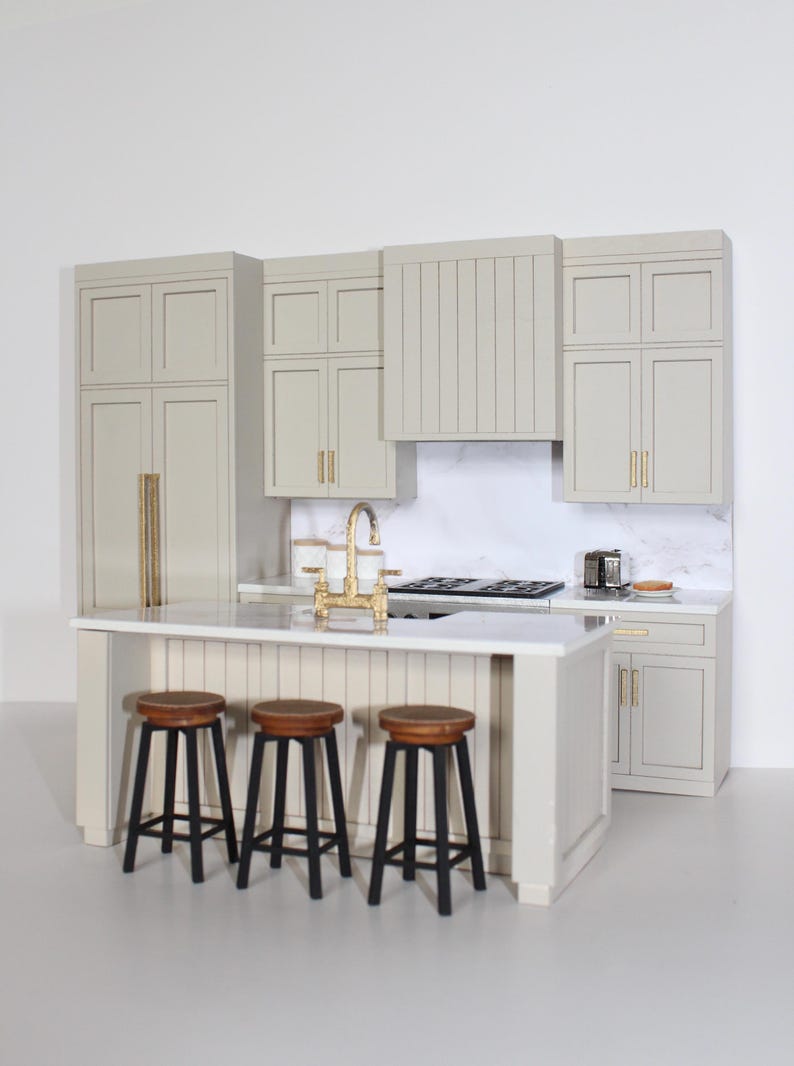 Modern Miniature Beige Kitchen Set for 1:12 scale dollhouse featuring an island with gold hardware and three bar stools