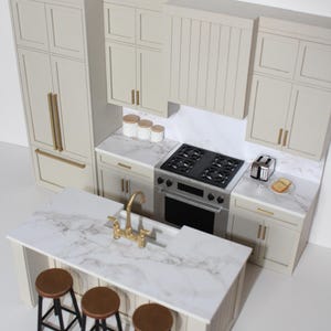 Modern Miniature Beige Kitchen Set for 1:12 scale dollhouse featuring an island with gold hardware and three bar stools