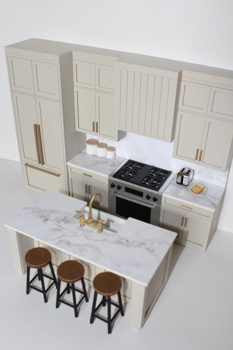 Modern Miniature Beige Kitchen Set for 1:12 scale dollhouse featuring an island with gold hardware and three bar stools