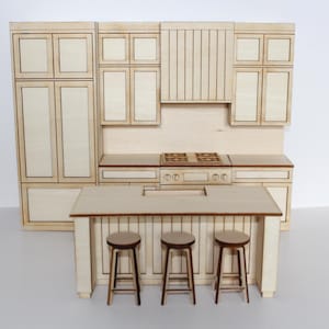 May include: A miniature wooden kitchen set with a light wood finish. The set includes cabinets, a stove, a range hood, a kitchen island, and three stools. The kitchen island is 76 cm long.