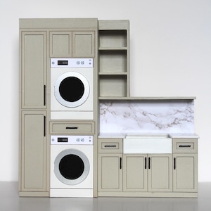 Dollhouse Laundry Room Wall - Assembled, Non-Functional | Miniature 1:12 Scale Wood Laundry Room, Stacked Washer/Dryer, Painted or Unpainted