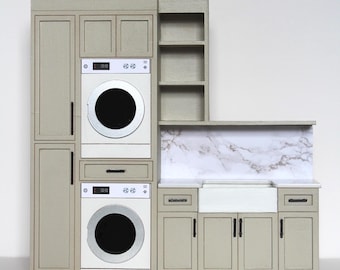 Dollhouse Laundry Room Wall - Assembled, Non-Functional | Miniature 1:12 Scale Wood Laundry Room, Stacked Washer/Dryer, Painted or Unpainted