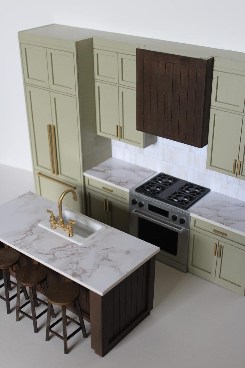 Modern Miniature Sage Green Kitchen Set for 1:12 scale dollhouse featuring an island with gold hardware and three bar stools
