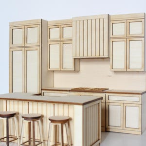 Modern Miniature Kitchen Set for 1:12 scale dollhouse featuring an island and three bar stools, made from unfinished laser cut basswood