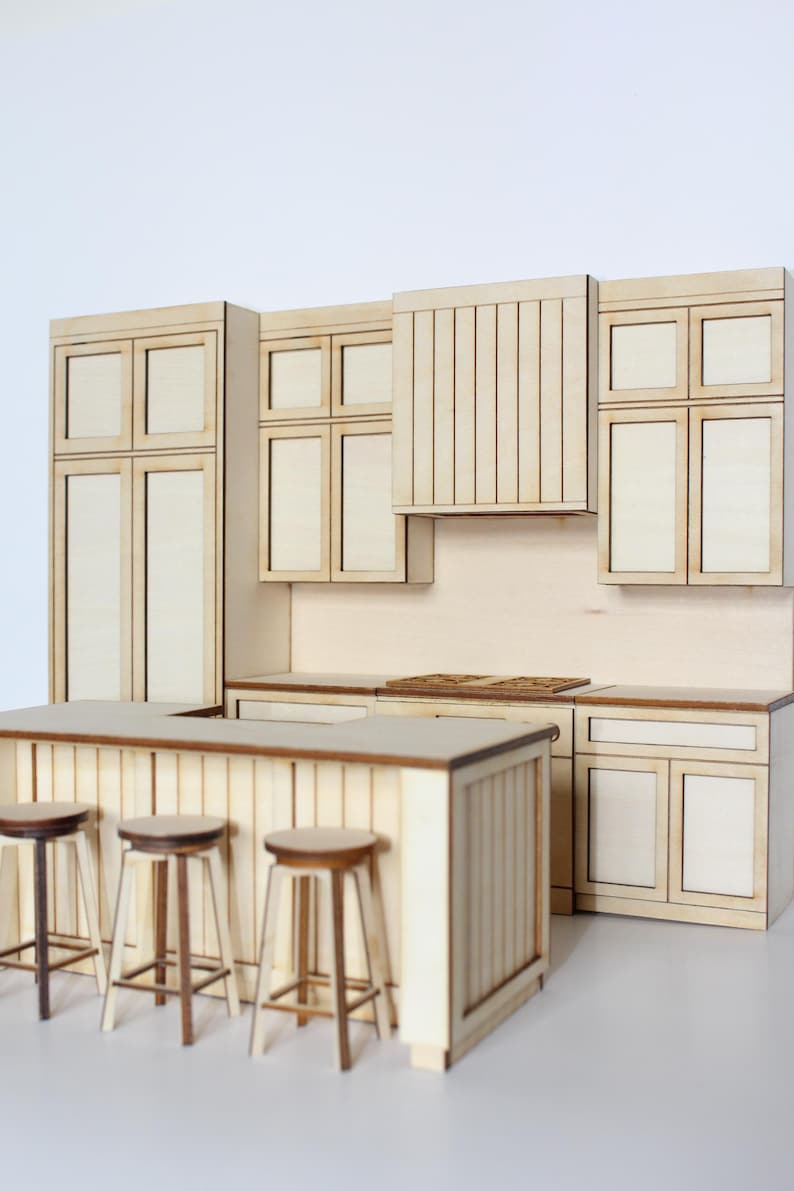 Modern Miniature Kitchen Set for 1:12 scale dollhouse featuring an island and three bar stools, made from unfinished laser cut basswood