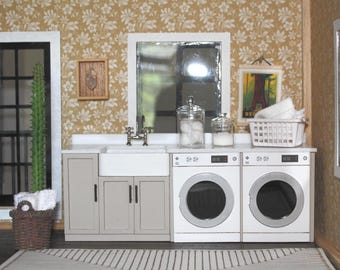 Dollhouse DIY Laundry Set - Assembled, Non-Functional | Miniature 1:12 Scale Wood Laundry Room, Washer/Dryer with Sink, Painted or Unpainted
