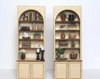 Dollhouse Arched Bookshelf [Wide] - Unfinished Wood, Non-Functional | Miniature Built-In Shelves for 1:12 Scale Dollhouse