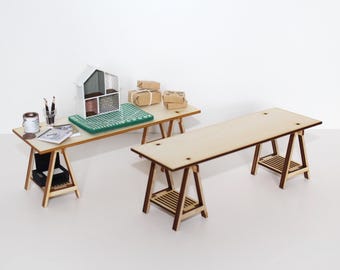 Dollhouse Craft Desk | 1:12 Scale Miniature Modern Sawhorse Desk | Dollhouse Office Furniture