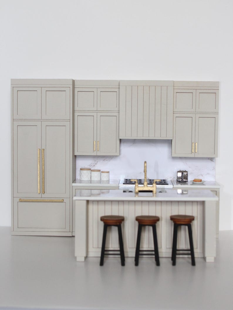 Modern Miniature Beige Kitchen Set for 1:12 scale dollhouse featuring an island with gold hardware and three bar stools