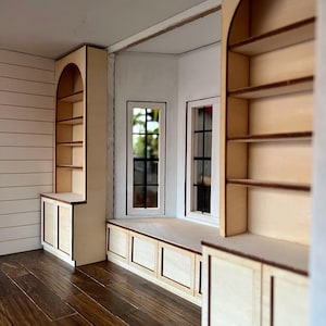 Two arched wooden bookshelves for modern dollhouse