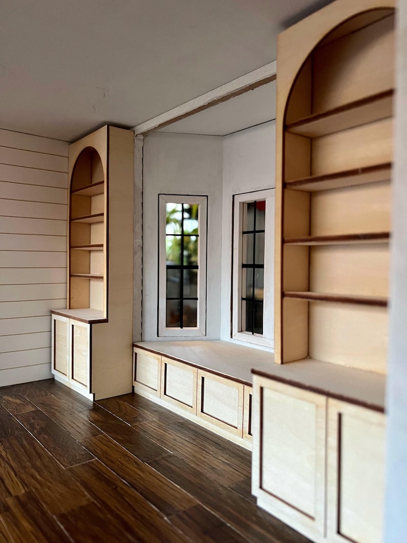 Two arched wooden bookshelves for modern dollhouse