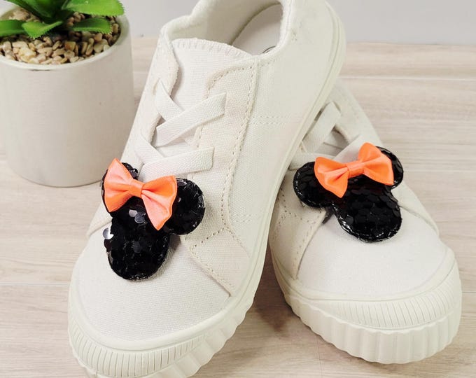 Featured listing image: Halloween Shoe Clips - Black Sequin Mouse Head with Neon Orange Satin Bow