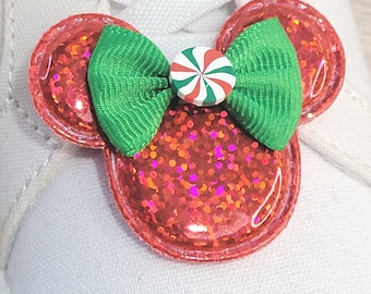 Holiday Mickey Shoe & Hair Clip – Red Holo-Laser – Green Bow and Peppermint – Disney Inspired