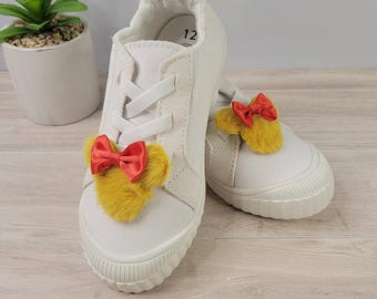 Pooh-inspired Shoe Clips - Yellow Faux Fur Mouse Head with Red Satin Bow