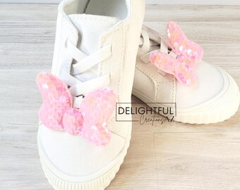 Baby Pink Iridescent Sequin Mouse Bow Shoe Clips