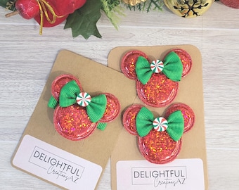 Holiday Mickey Shoe & Hair Clip – Red Holo-Laser – Green Bow and Peppermint – Disney Inspired