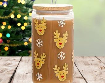 Reindeer Snowflake Christmas Cup | 16 oz Glass Can