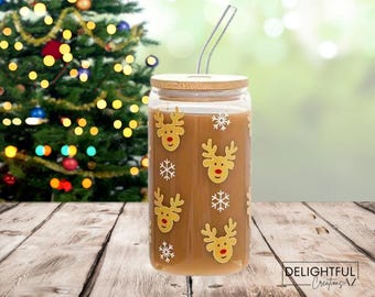 Reindeer Snowflake Christmas Cup | 16 oz Glass Can
