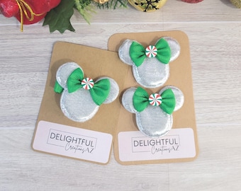 Holiday Mickey Shoe & Hair Clip – Silver – Green Christmas Bow with Peppermint – Disney Inspired