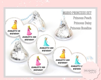 Princess Peach & Friends Party Favor Stickers: Hershey Kiss Labels, Envelope Seals