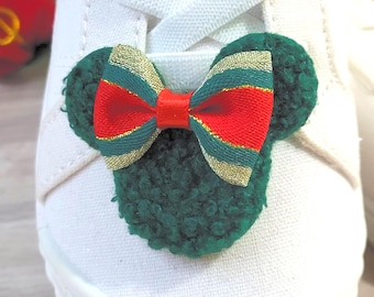 Holiday Mickey Shoe Clips – Green Plush with Christmas Bow – Disney Inspired