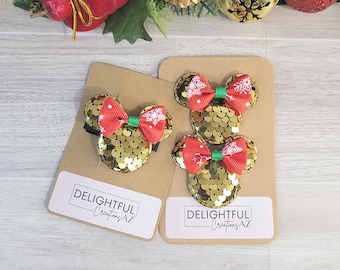 Holiday Mickey Shoe & Hair Clips – Gold Sequins with Red Snowflake Christmas Bow – Disney Inspired
