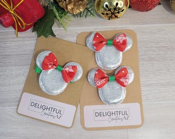 Holiday Mickey Shoe & Hair Clip – Silver – Red Snowflake Christmas Bow – Disney Inspired
