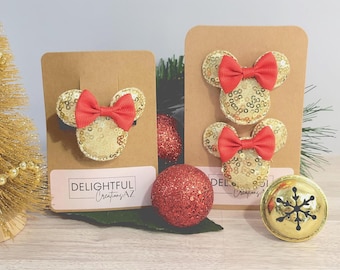 Holiday Mickey Shoe & Hair Clip Bundle – Gold Sequin Shoe and Hair Clips – Custom Bow and Peppermint – Disney Inspired