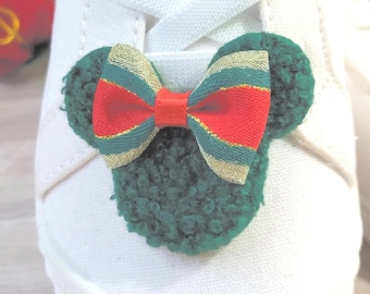 Holiday Mickey Shoe Clips – Green Plush with Christmas Bow – Disney Inspired