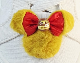 Pooh Bear Shoe Clips - Yellow Faux Fur Mouse Head with Red Satin Bow