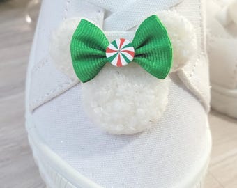 Holiday Mickey Shoe Clips: Plush White Mouse Ears with Christmas Bow