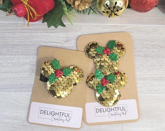 Holiday Mickey Shoe & Hair Clips – Gold Sequins with shimmering holly accent – Disney Inspired