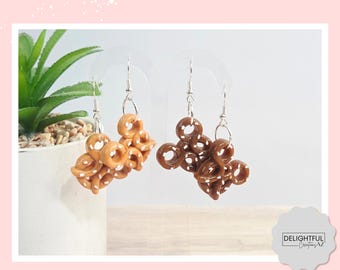 Mickey Pretzel Resin Earrings, Salted Tan or Chocolate Brown Dangle Hooks
